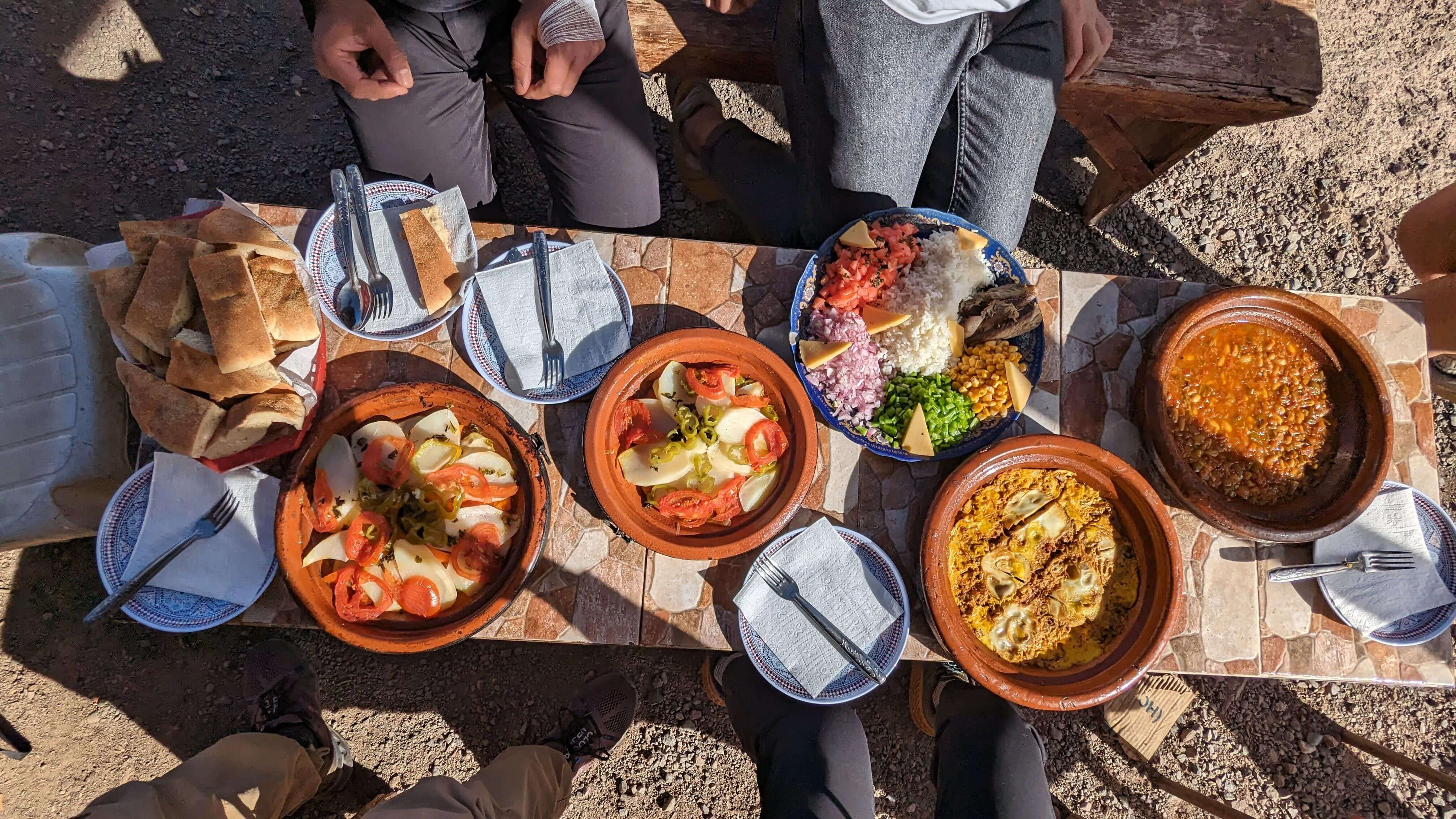 Moroccan mountain lunch with tagine, salad and lentils during the Talamrout hike